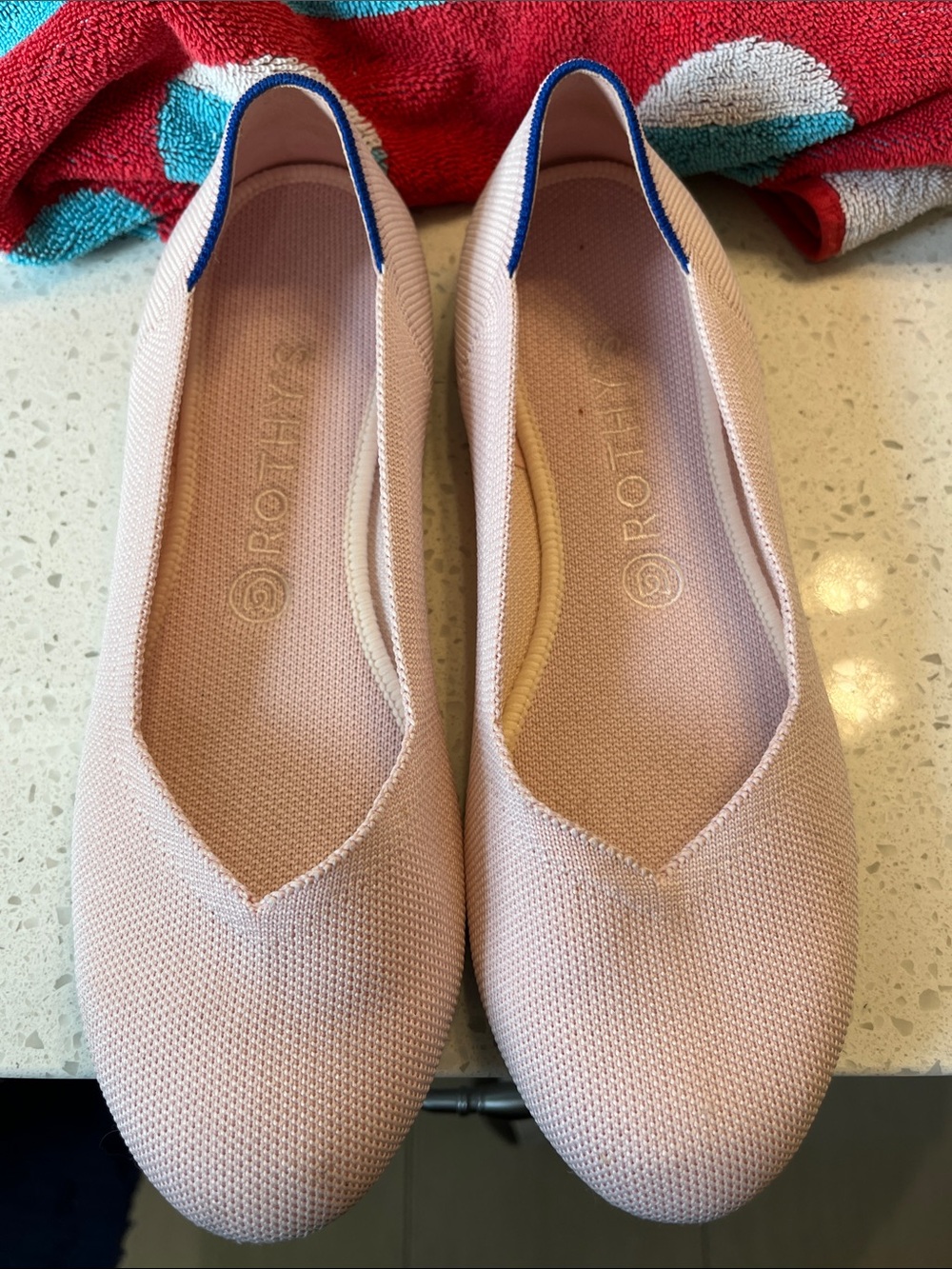 Rothy's Blush Knit Ballet Flats with Navy Heel Tab